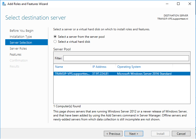 windows server role wizard select server