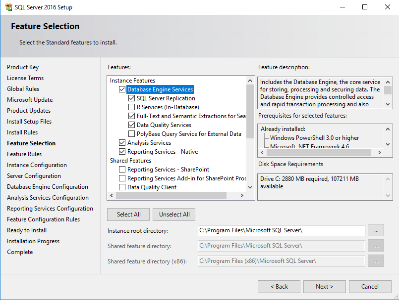SQL Server installation features selectie