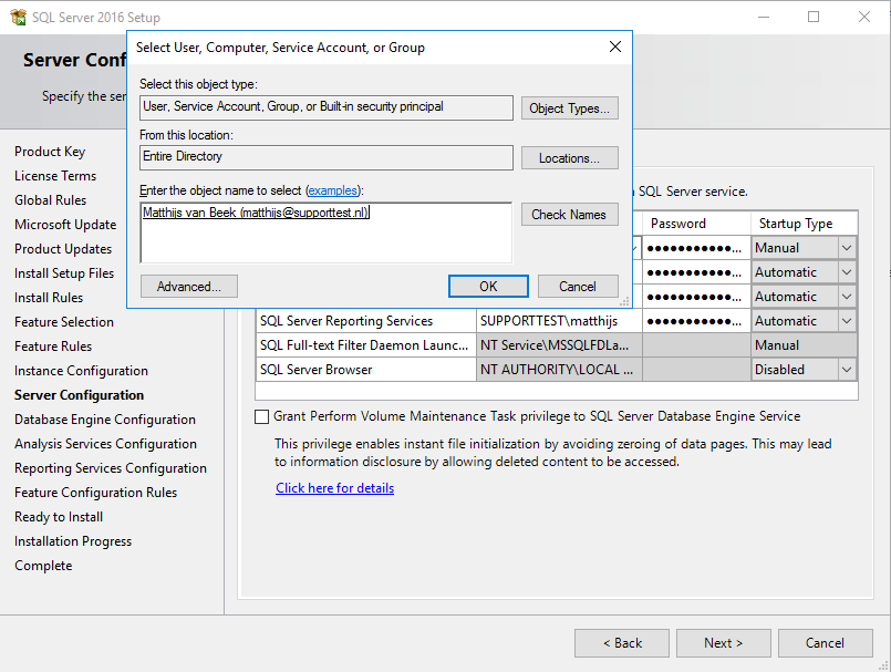 SQL Server Installatie AD User Selectie