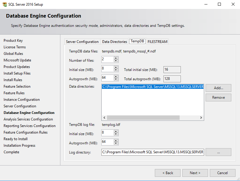 SQL Server Database Engine Configuration tempDB