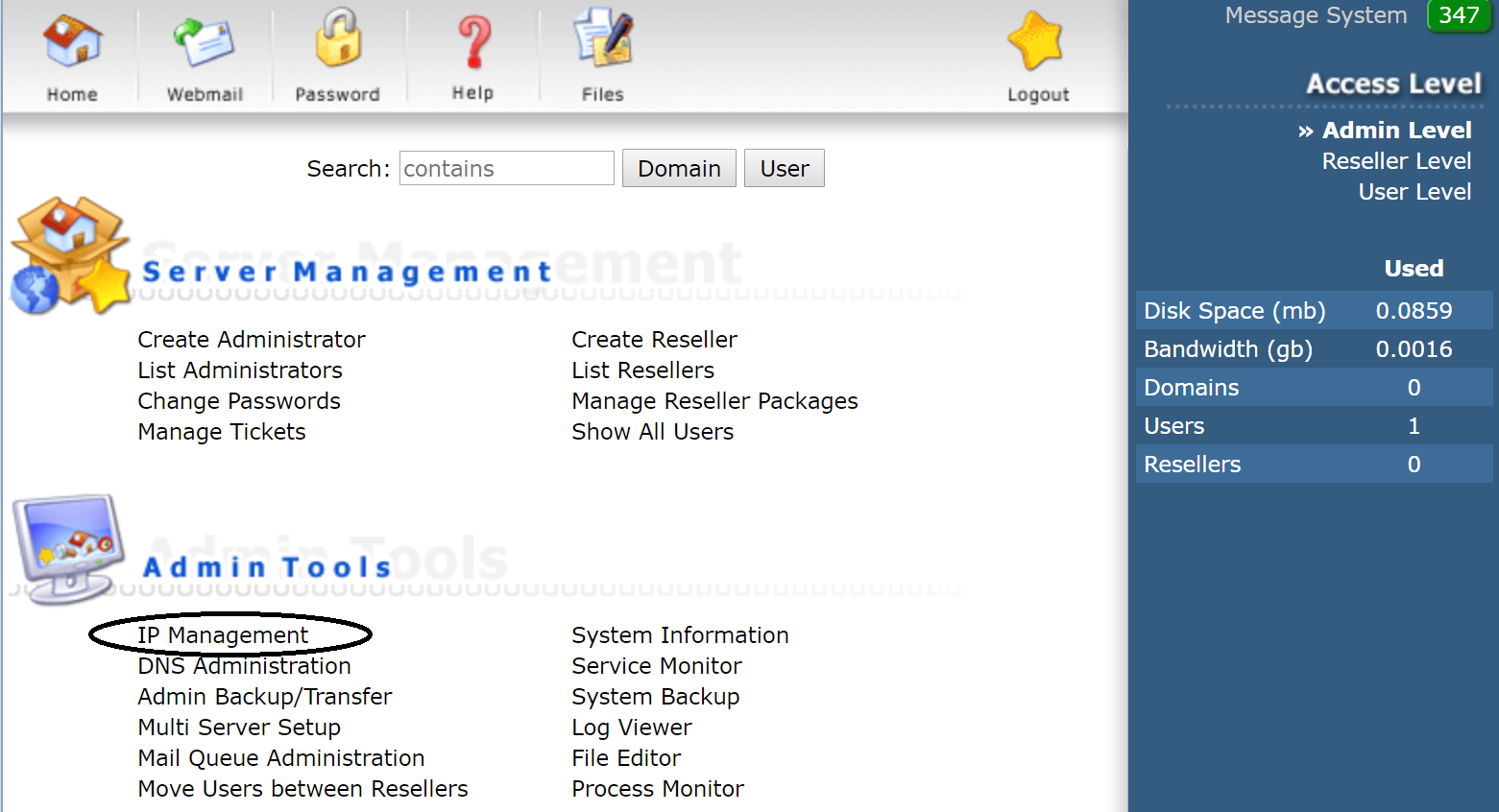 DirectAdmin IP management