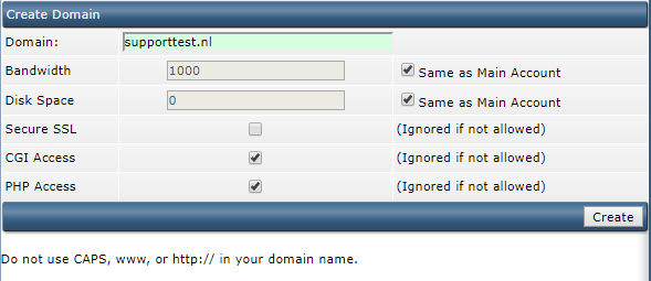 DirectAdmin create domain