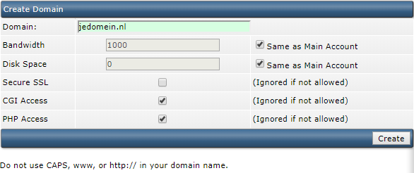 DirectAdmin create domain