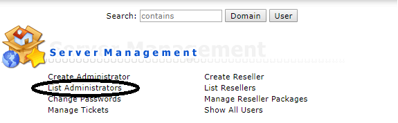 DirectAdmin List Administrators knop
