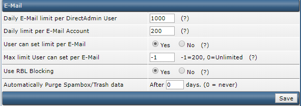 DirectAdmin change mail limit