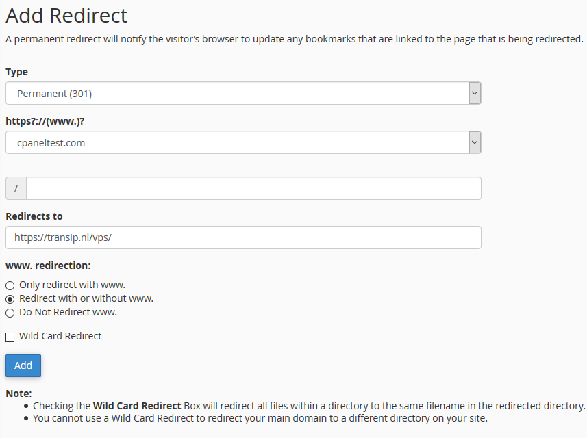 cpanel add redirect