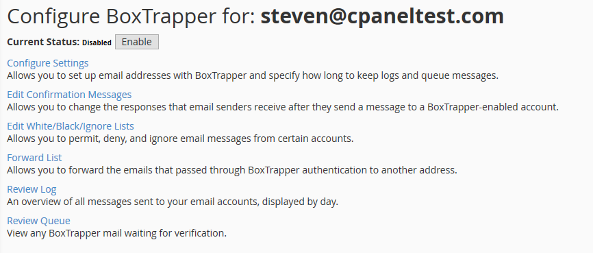 cpanel boxtrapper configuration