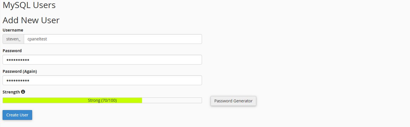 cpanel create database user