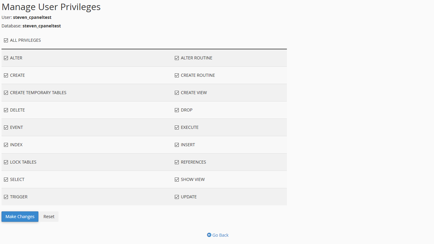 cpanel database manage privileges