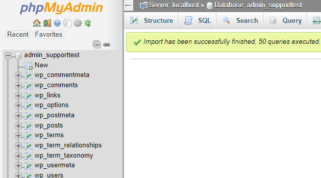 phpMyAdmin database import succeeded