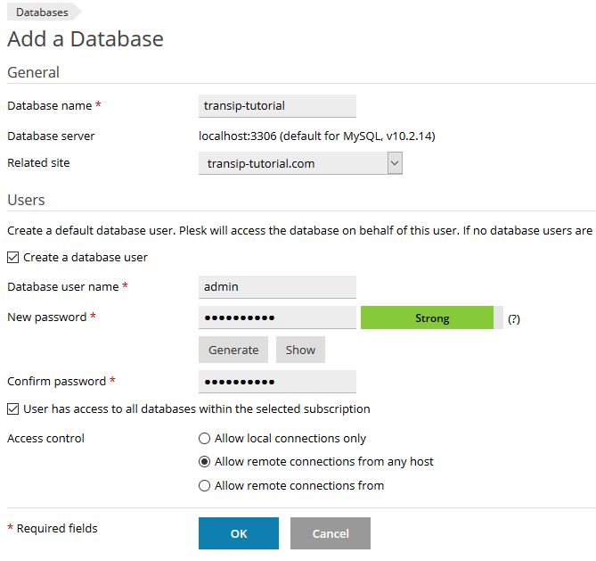 plesk add database