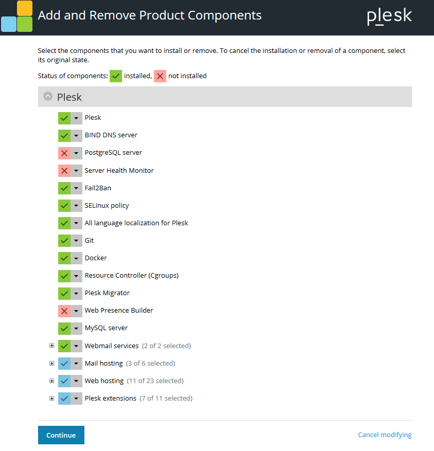 plesk add or remove product components