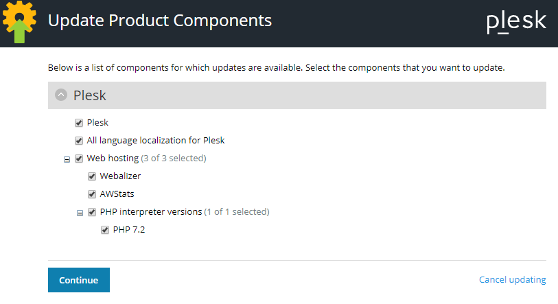 plesk update products and components