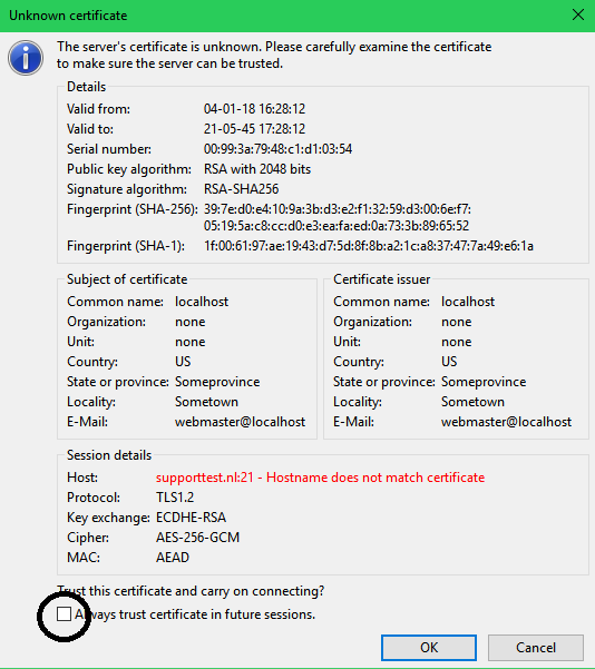 filezilla unknown certificate