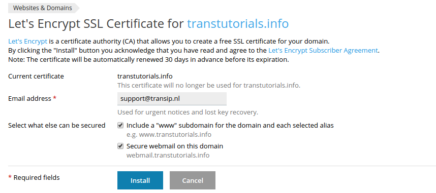 Voer de informatie in voor het Let's Encrypt SSL-certificaat