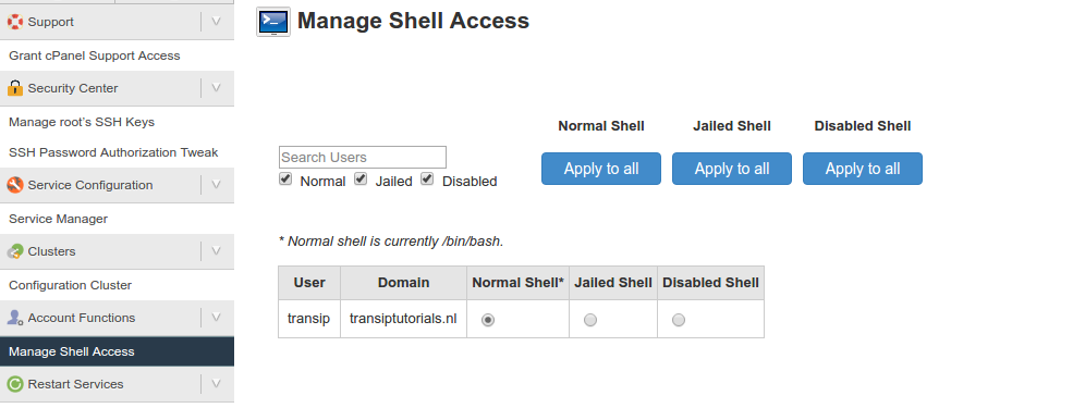 enable normal shell for user in WHM