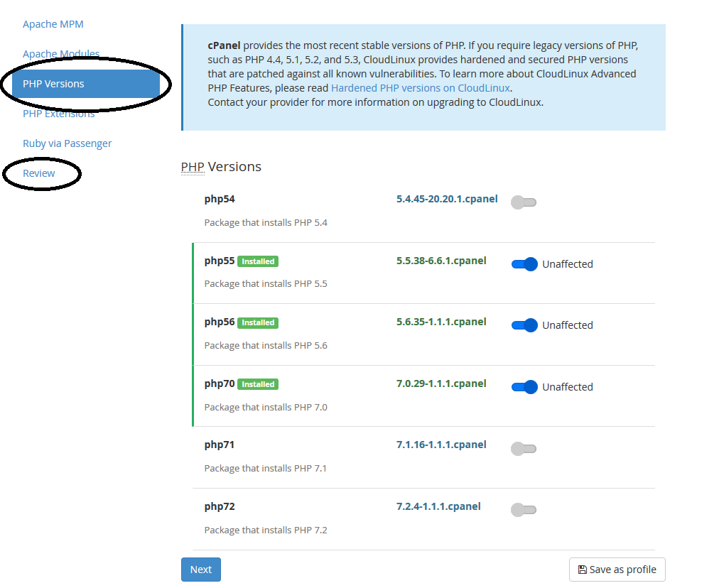 whm easy apache php versions