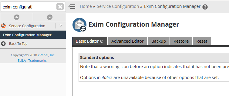 cpanel exim configuration manager