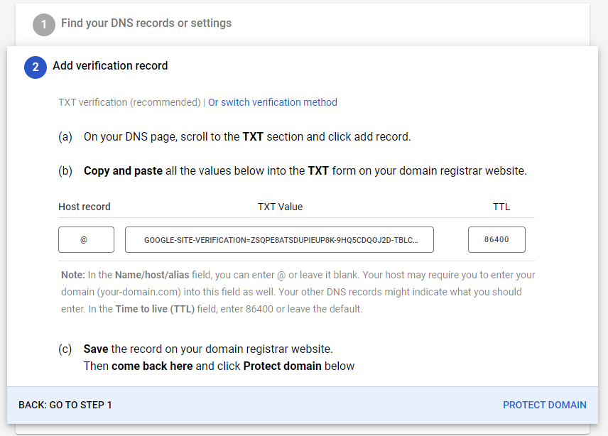 The txt record is shown