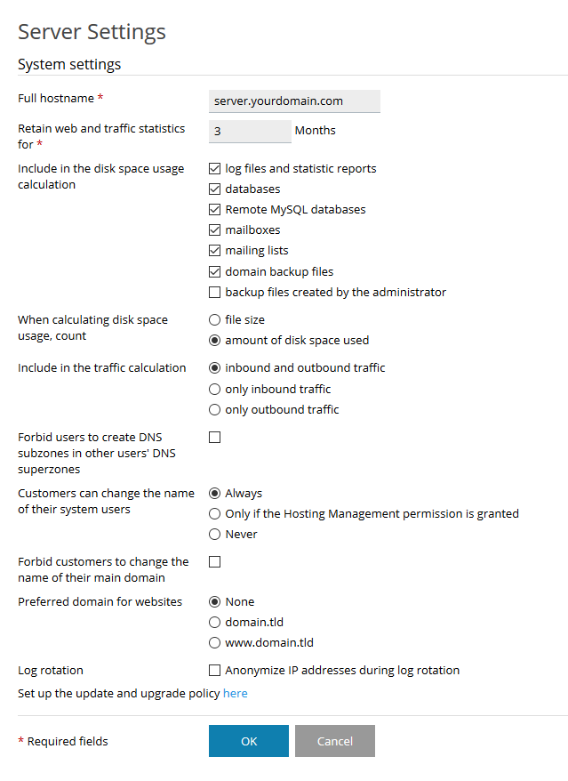 plesk server settings