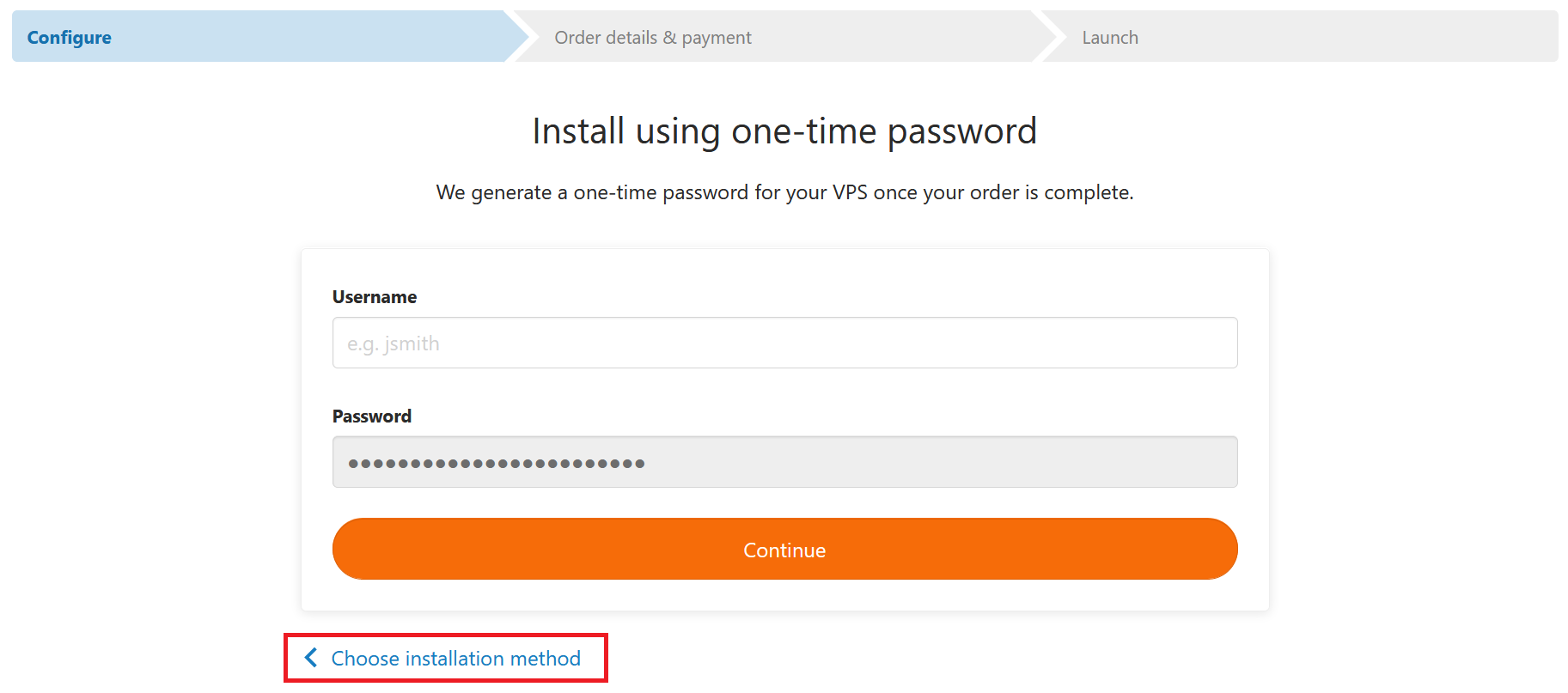 vps fast installs one time password - choose other installation method