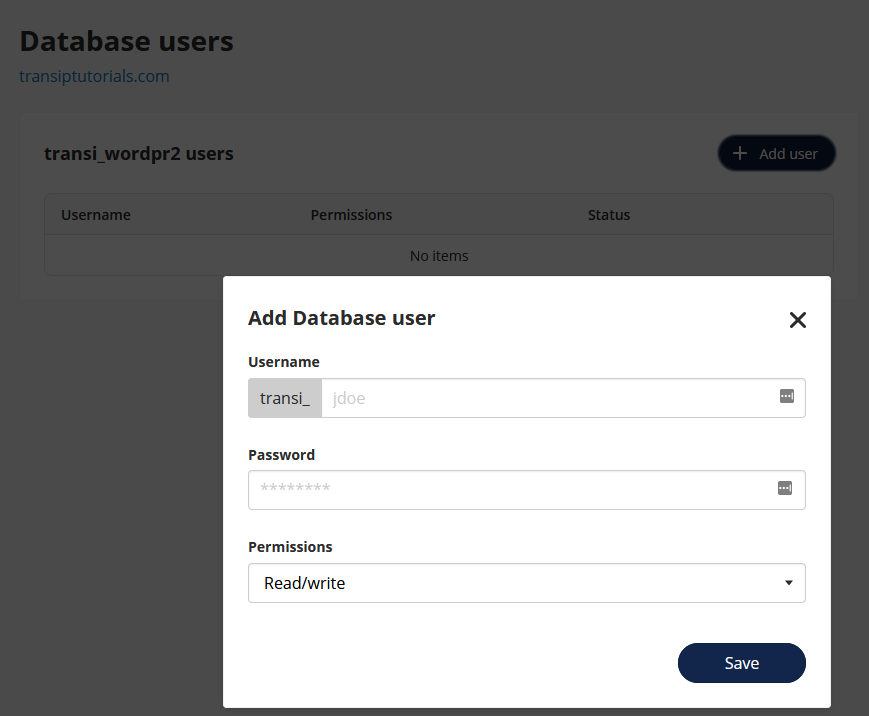 Set the username and password for your database user