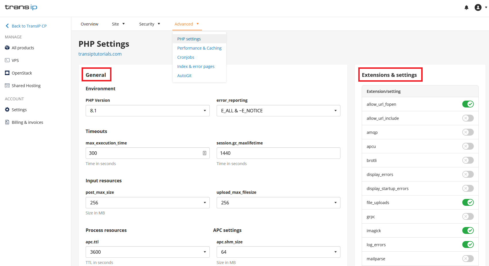 The PHP settings in the control panel