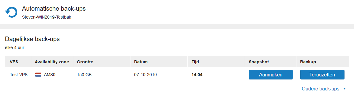 overzicht van beschikbare VPS back-ups