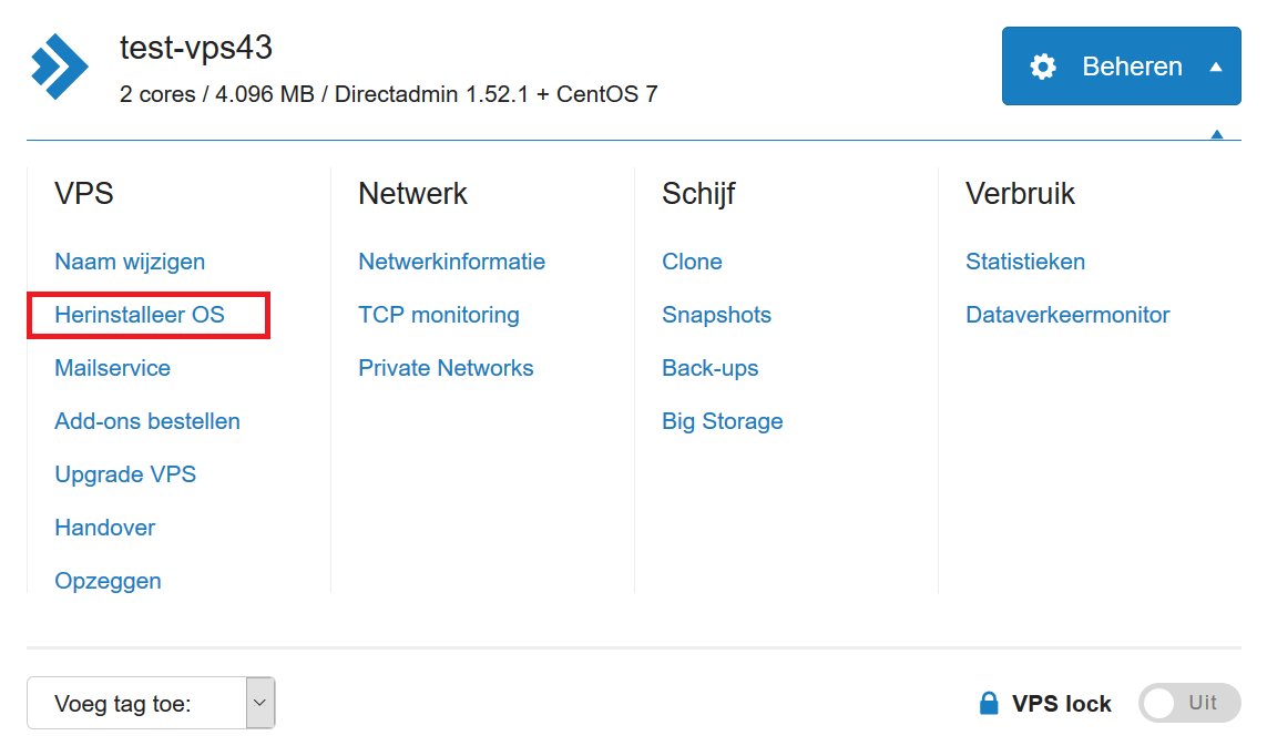 vps beheren herinstalleer os