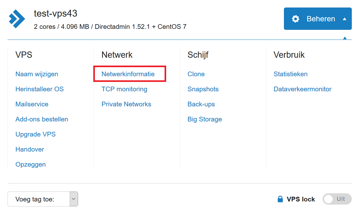 vps beheren netwerkinformatie