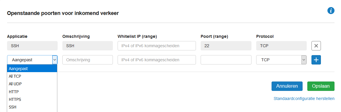 vps firewall dropdown opties