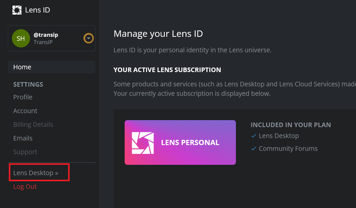 lens account desktop