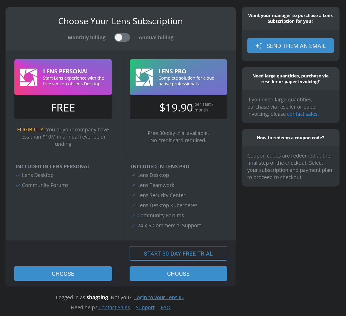 lens choose subscription