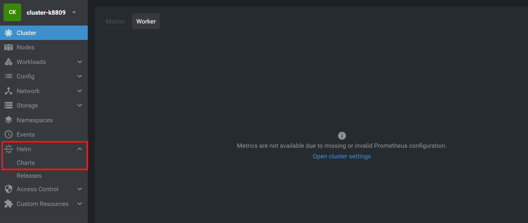 lens cluster no prometheus helm