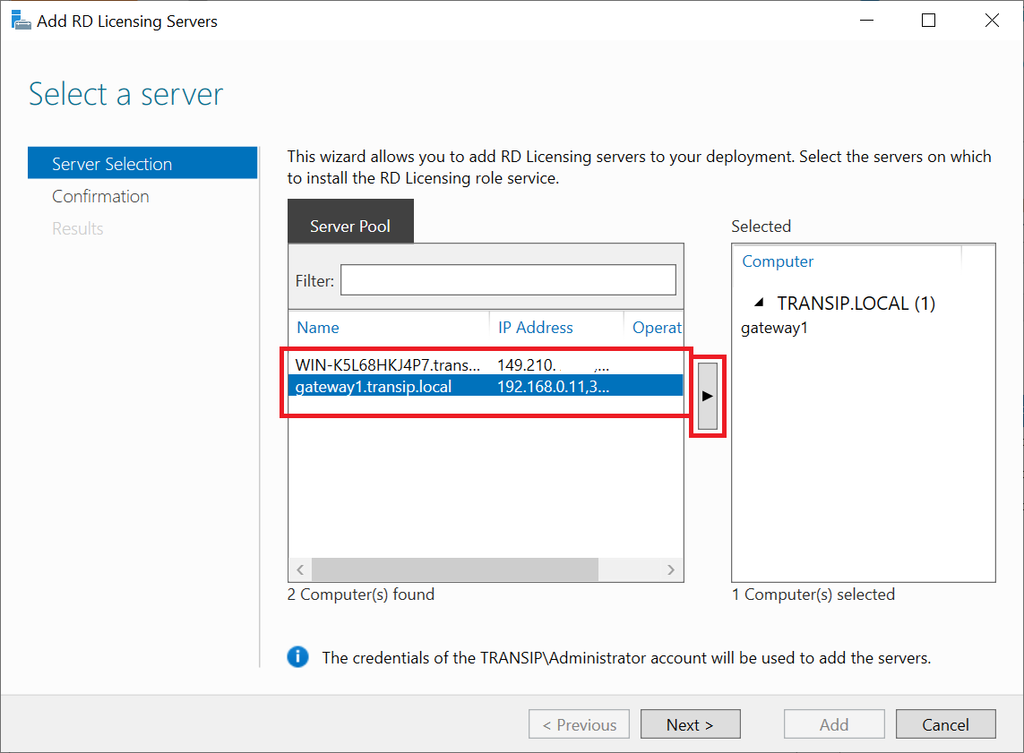 add rd licensing server - select server