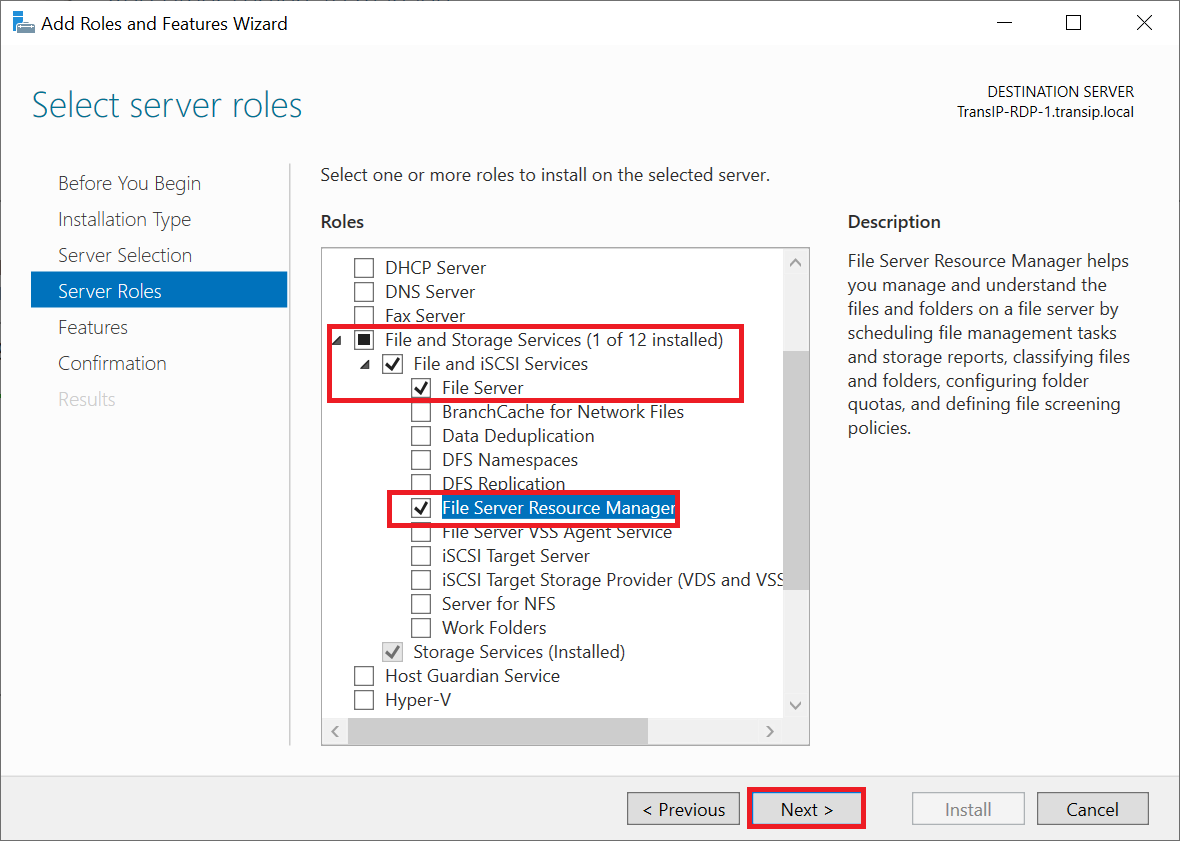 add role iscsi file server and resource manager