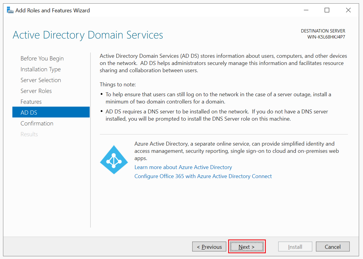 add roles ad ds azure option