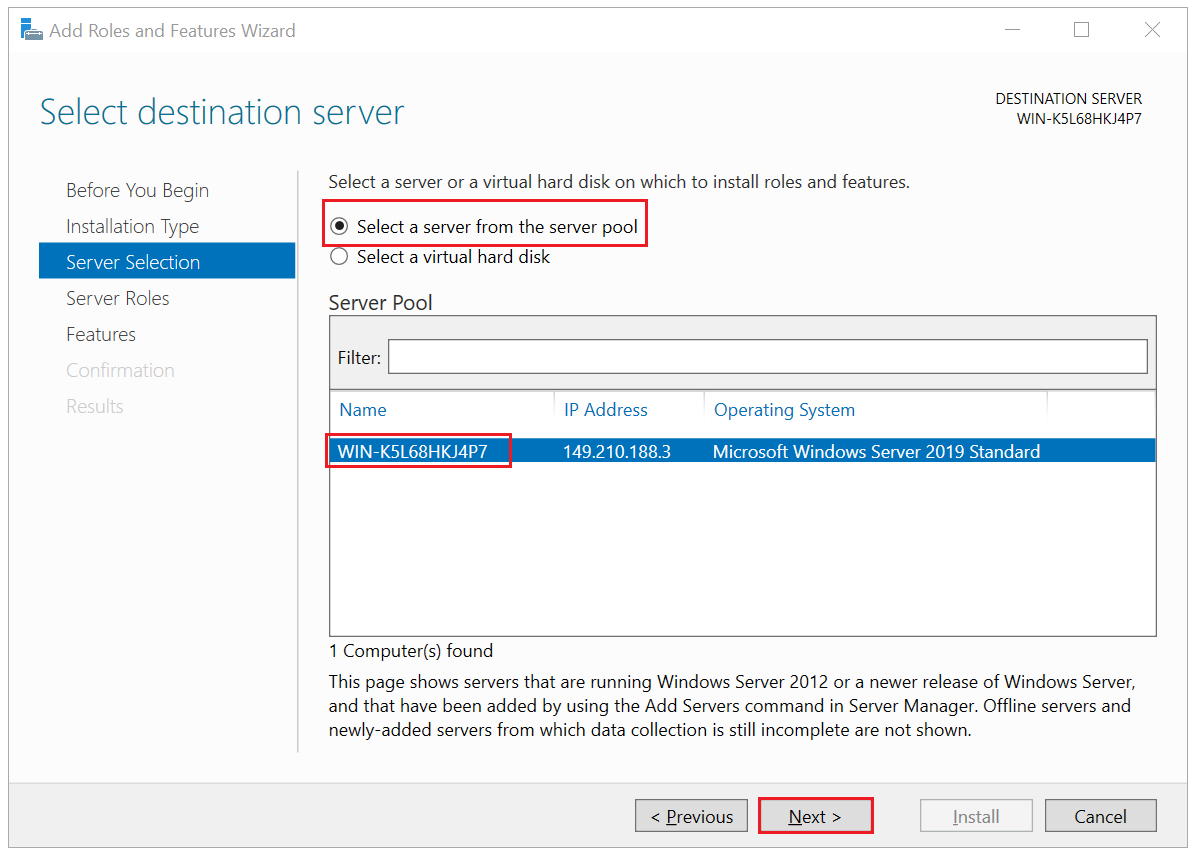 windows add roles server selection