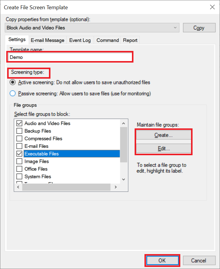 create file screen template settings