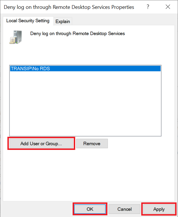 deny rdp log on add group