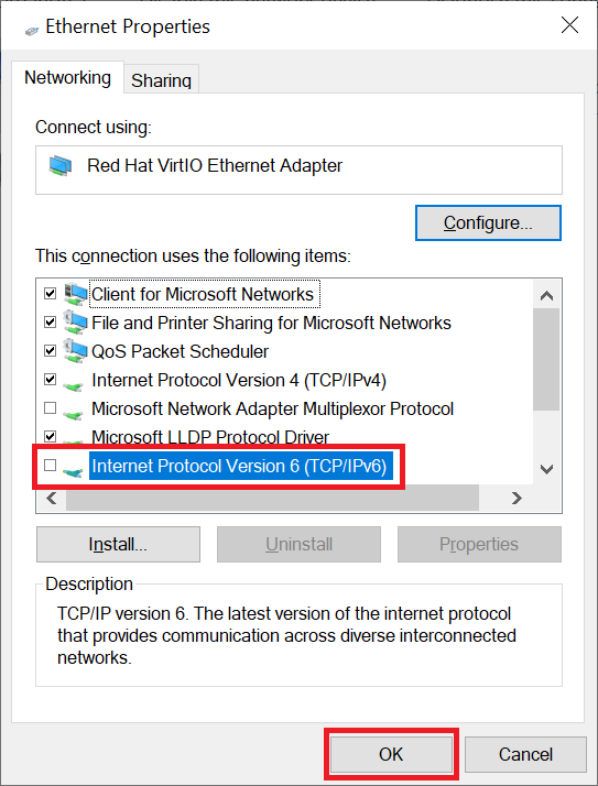 ethernet properties ipv6 disabled