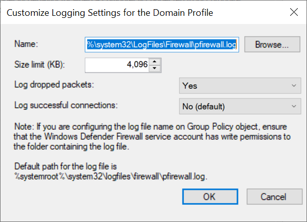 windows firewall customize logging