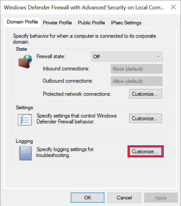 windows firewall advanced properties domain profile