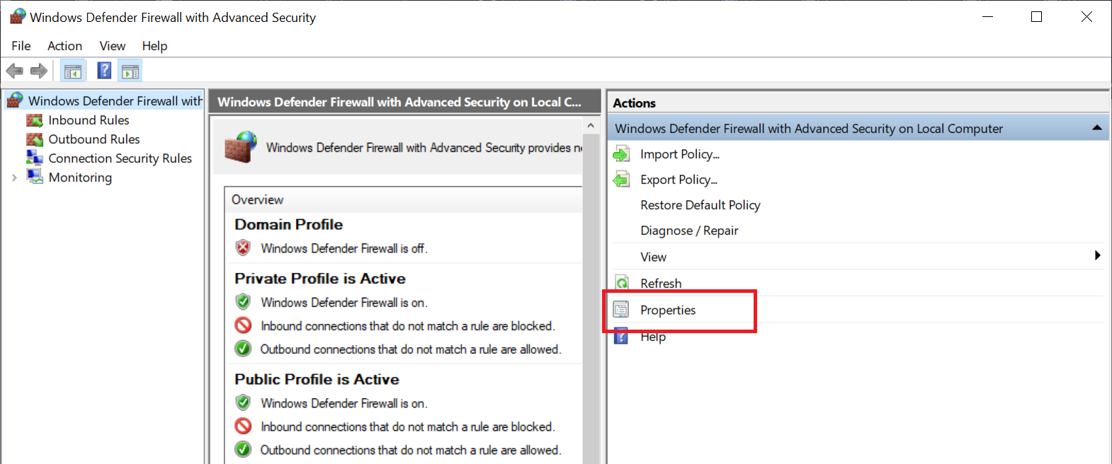 windows firewall advanced settings properties