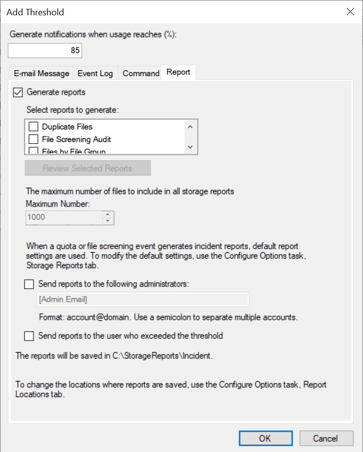 fsrm add threshold report