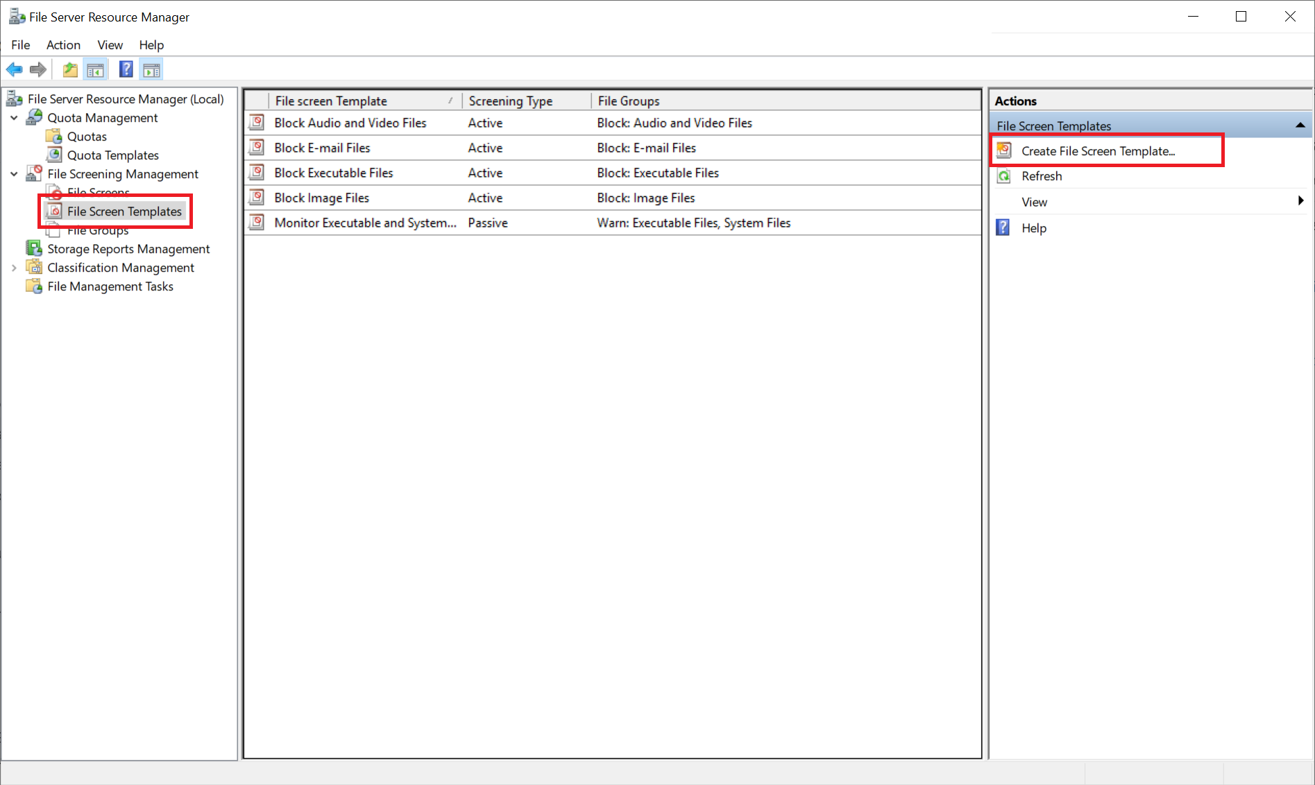 file server resource manager create file system template