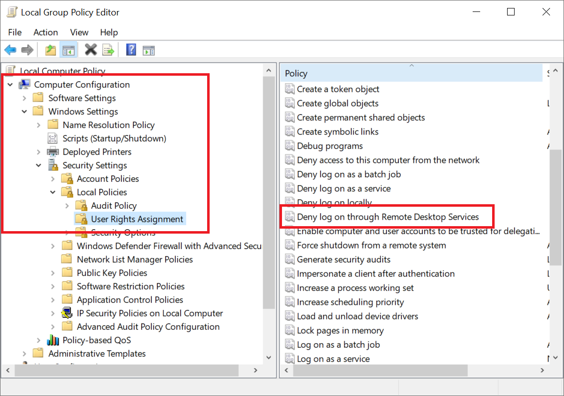 local group policy editor user rights assignment deny rdp