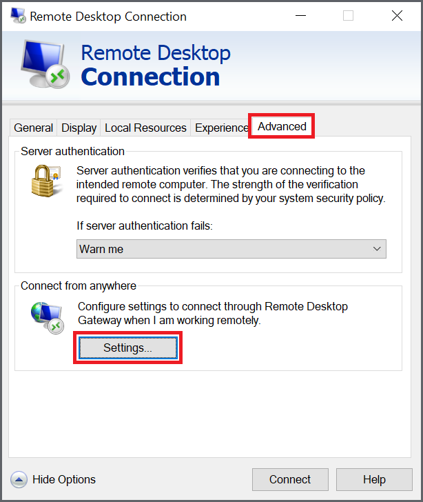 mstsc advanced settings