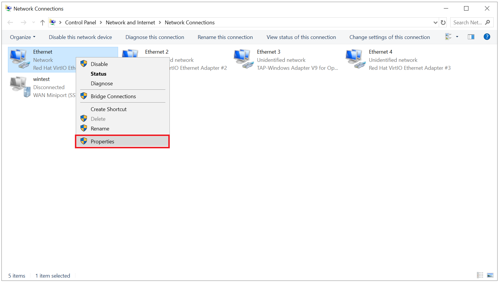 network connections ethernet properties