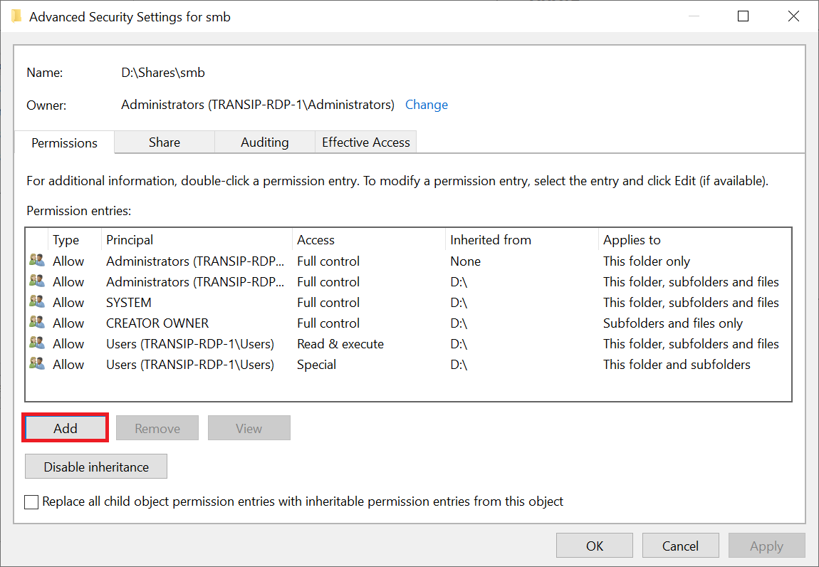 advanced security settings add principal